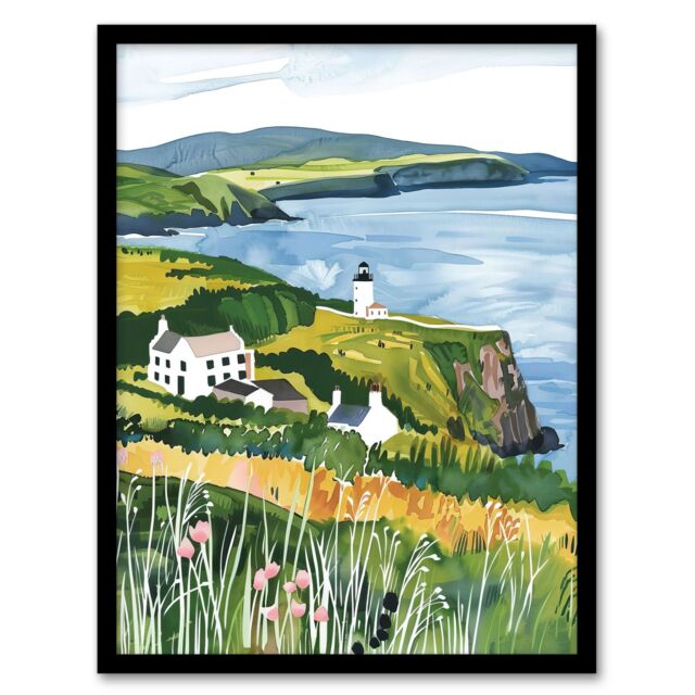 Artery8 Mull of Kintyre Lighthouse Coastal Scotland Framed Wall Art in Green - Size: A4 - image 1