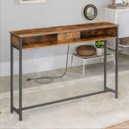 Pirlo Plush Industrial Console Table With Charging Station Rustic Brown Hallway Furniture - thumbnail 4