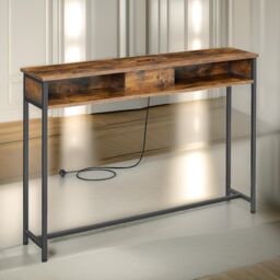 Pirlo Plush Industrial Console Table With Charging Station Rustic Brown Hallway Furniture - thumbnail 5