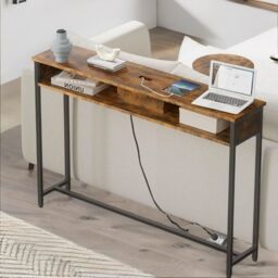 Pirlo Plush Industrial Console Table With Charging Station Rustic Brown Hallway Furniture - thumbnail 2