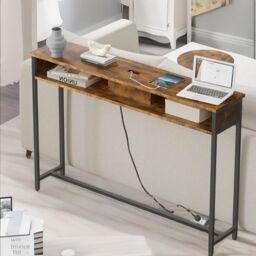 Pirlo Plush Industrial Console Table With Charging Station Rustic Brown Hallway Furniture - thumbnail 3