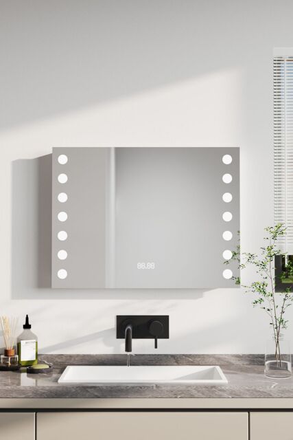 H&O Direct Wall Mounted Fog-Free LED Horizontal Bathroom Mirror with Clock in Silver - image 1