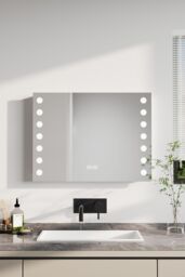 H&O Direct Wall Mounted Fog-Free LED Horizontal Bathroom Mirror with Clock in Silver