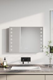 H&O Direct Wall Mounted Fog-Free LED Horizontal Bathroom Mirror with Clock in Silver - thumbnail 2