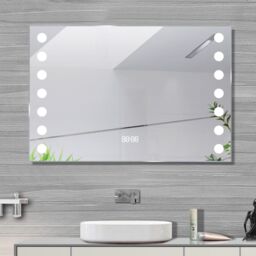 H&O Direct Wall Mounted Fog-Free LED Horizontal Bathroom Mirror with Clock in Silver - thumbnail 3