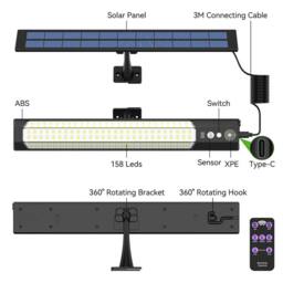 VOGREX Solar LED Wall Light 180 LED Outdoor Garden Security Lamp in Black - thumbnail 4