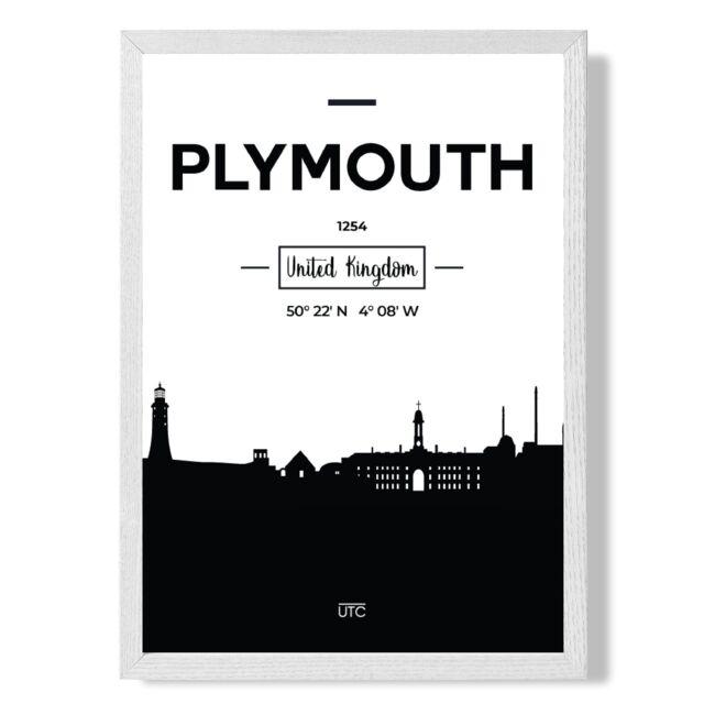 ARTZE Plymouth Black & White City Skyline Framed Print SIZE: A2 with White Frame - image 1