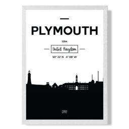 ARTZE Plymouth Black & White City Skyline Framed Print SIZE: A2 with White Frame - thumbnail 1