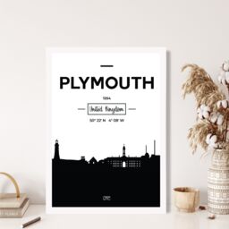 ARTZE Plymouth Black & White City Skyline Framed Print SIZE: A2 with White Frame - thumbnail 2