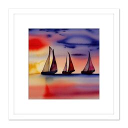 Artery8 Three Boats Sailing Along the Horizon at Sunset Seascape Watercolour Painting Pinks Purple Square Wooden Framed Wall Art Print Picture 8X8 - thumbnail 1