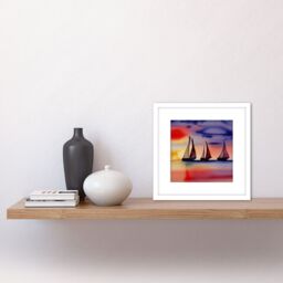 Artery8 Three Boats Sailing Along the Horizon at Sunset Seascape Watercolour Painting Pinks Purple Square Wooden Framed Wall Art Print Picture 8X8 - thumbnail 2