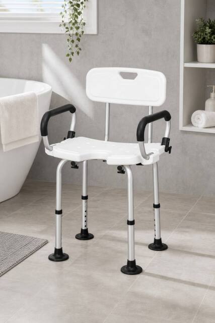 STILVORA Adjustable Shower Chair with Back & Padded Arms in White - image 1
