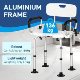 STILVORA Adjustable Shower Chair with Back & Padded Arms in White - thumbnail 6