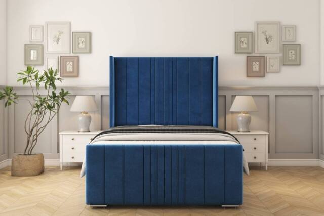 "Sloomy Hargrave Plush Frame-Mattress - 50"" Upholstered Wingback Headboard in Navy - Size: King" - image 1