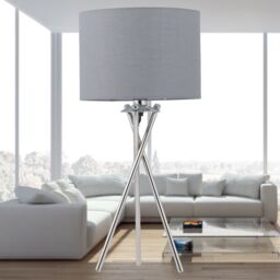 First Choice Lighting Chrome Tripod Table Lamp with Grey Cotton Shade in Silver - thumbnail 5