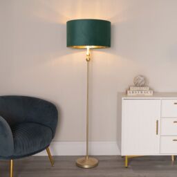 ValueLights Maggie Gold Candlestick Floor Lamp with Velvet with Gold Inner Lamp Shade & Bulb in Bottle Green