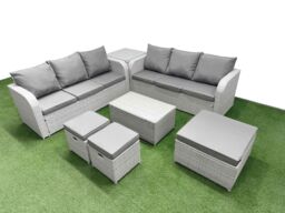 Fimous Outdoor Garden Furniture Sets 9 Seater Wicker Rattan Furniture Sofa Sets w/ Rectangular Coffee Table high Back Lounge Sofa 3 Stools Side Table - thumbnail 2