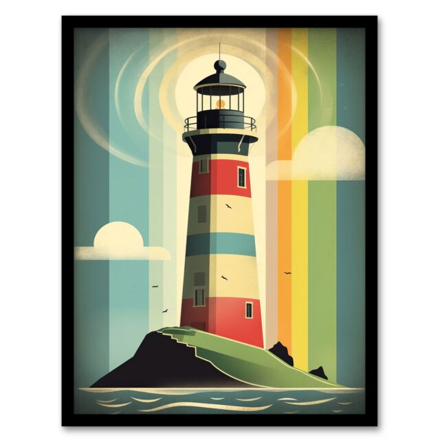 Artery8 Modern Stylised Lighthouse Flat Style Multicoloured Seascape Illustration Artwork Framed Wall Art Print A4 in Black - image 1