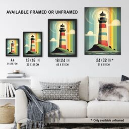 Artery8 Modern Stylised Lighthouse Flat Style Multicoloured Seascape Illustration Artwork Framed Wall Art Print A4 in Black - thumbnail 3