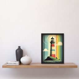 Artery8 Modern Stylised Lighthouse Flat Style Multicoloured Seascape Illustration Artwork Framed Wall Art Print A4 in Black - thumbnail 4