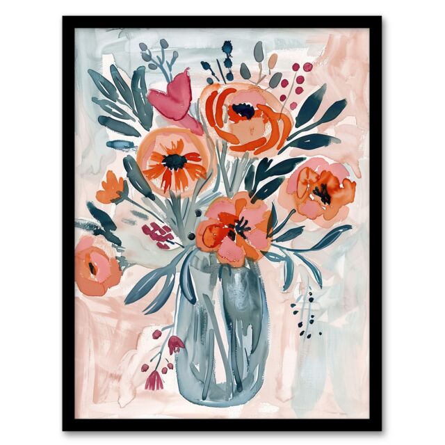 "Artery8 Spring Flower Bouquet Pink Blue Boho Floral Vase Framed Wall Art - Size: W12"" x H16""" - image 1