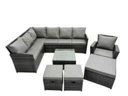 Fimous 10 Seat Outdoor Coffee Table Corner Sofa Set with 3 Stool Chair in Dark Grey - thumbnail 1