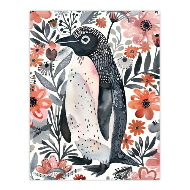 "Artery8 Penguin with Pink Flowers Watercolour Folk Art Wall Art Print - Size: W24"" x H32""" - image 1
