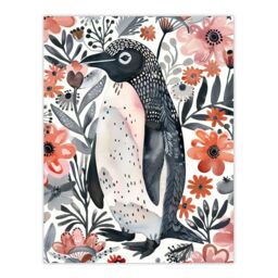 "Artery8 Penguin with Pink Flowers Watercolour Folk Art Wall Art Print - Size: W24"" x H32""" - thumbnail 1