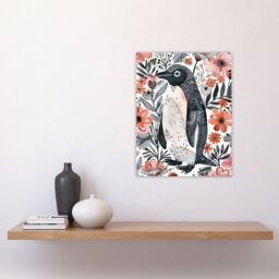 "Artery8 Penguin with Pink Flowers Watercolour Folk Art Wall Art Print - Size: W24"" x H32""" - thumbnail 4