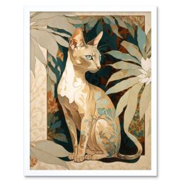 "Artery8 Wall Art Print Shorthair Cat Botanical Pattern Fur & Plants Modern Art Nouveau Watercolour Art Framed in White - Size: W12"" x H16""" - thumbnail 1