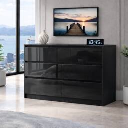 Harmin Modern Black High Gloss Chest of Drawers, 7 Drawer Handleless Cabinet
