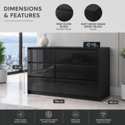 Harmin Modern Black High Gloss Chest of Drawers, 7 Drawer Handleless Cabinet - thumbnail 2