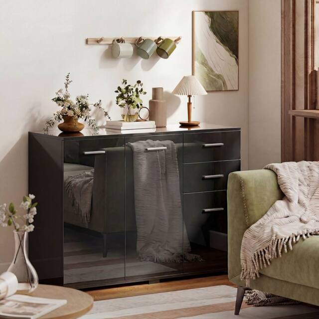 HOMCOM Modern Sideboard Kitchen Storage Cabinet, High Gloss Black - image 1