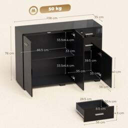 HOMCOM Modern Sideboard Kitchen Storage Cabinet, High Gloss Black - thumbnail 3
