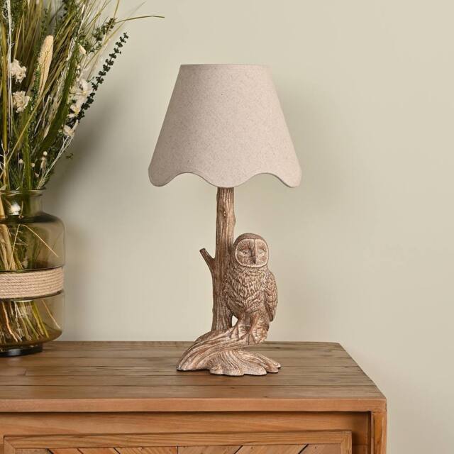 Hestia Wood Effect Resin Owl Table Lamp With Scalloped Shade in Brown - image 1