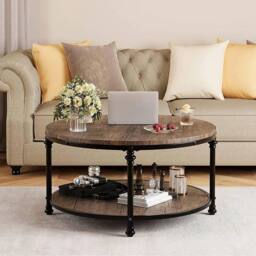 KORVIXA 2-Tier Round Wooden Coffee Table in Brown - Size: 100 cm x 100 cm - thumbnail 5