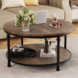 KORVIXA 2-Tier Round Wooden Coffee Table in Brown - Size: 100 cm x 100 cm