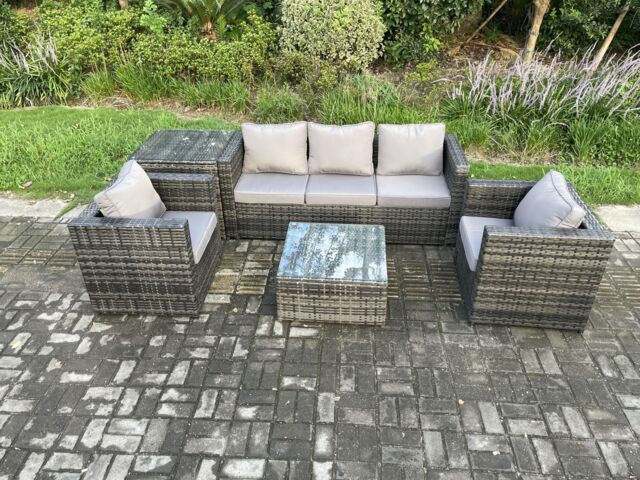 Fimous Outdoor Lounge Sofa Set Wicker PE Rattan Garden Furniture Set with 2 Armchairs Side Table Squar Coffee Table in Dark Grey - image 1