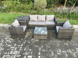Fimous Outdoor Lounge Sofa Set Wicker PE Rattan Garden Furniture Set with 2 Armchairs Side Table Squar Coffee Table in Dark Grey - thumbnail 1