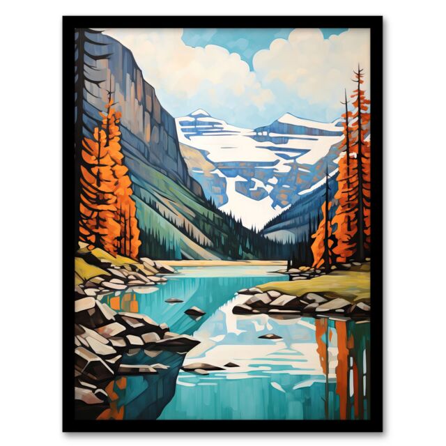 "Artery8 Wall Art Print Lake Louise Oil Painting Canada Banff National Park In Autumn Art Framed in Black - Size: W12"" x H16""" - image 1