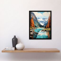 "Artery8 Wall Art Print Lake Louise Oil Painting Canada Banff National Park In Autumn Art Framed in Black - Size: W12"" x H16""" - thumbnail 4
