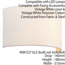 Loops 2 PACK Fabric LED Wall Light Vintage White Semi Circle Linen Shade Lamp Fitting - thumbnail 3