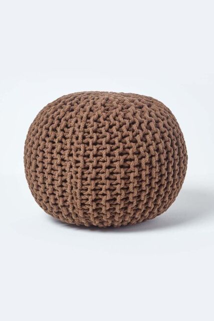 Homescapes Round Cotton Knitted Pouffe Footstool in Chocolate - image 1