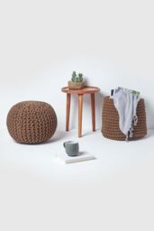 Homescapes Round Cotton Knitted Pouffe Footstool in Chocolate - thumbnail 6
