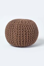 Homescapes Round Cotton Knitted Pouffe Footstool in Chocolate - thumbnail 1