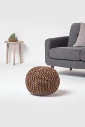 Homescapes Round Cotton Knitted Pouffe Footstool in Chocolate - thumbnail 2