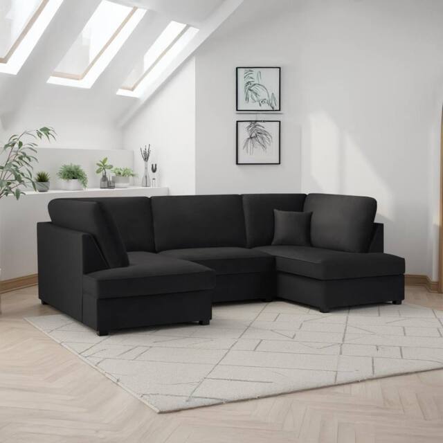 Furnishings For Less UK California Plush Velvet Black U shaped 6 Seater Sofa + Footstool - image 1
