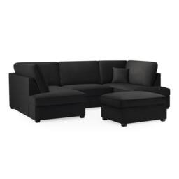 Furnishings For Less UK California Plush Velvet Black U shaped 6 Seater Sofa + Footstool - thumbnail 3