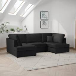 Furnishings For Less UK California Plush Velvet Black U shaped 6 Seater Sofa + Footstool - thumbnail 1