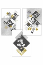 ARTZE Set of 3 Graphical Abstract Floral Yellow Grey Art Posters - Size: W50 cm x H70 cm - thumbnail 1
